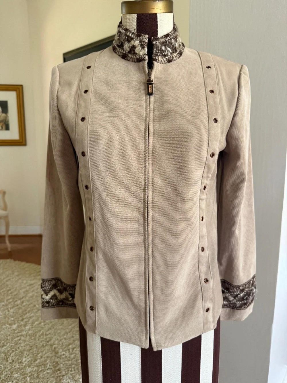 St John Sport By Marie Gray Mixed Media Mock Neck Jacket Tan Size P Quiet Luxury